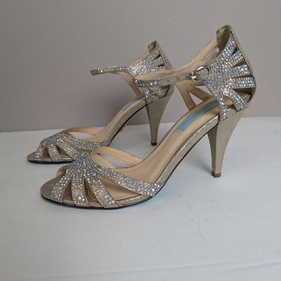 Betsey Johnson Blue Sweet Rhinestone Pumps – Size 6 Gold Heels – 3" Bridal Dress - Picture 9 of 13